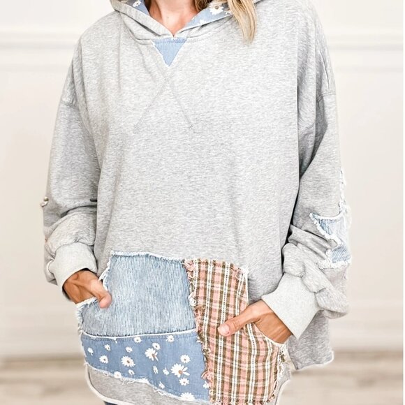 Comfy Oversized Washed Terrycloth Multi Print Patchwork Hoodie Top EUC - Picture 7 of 16